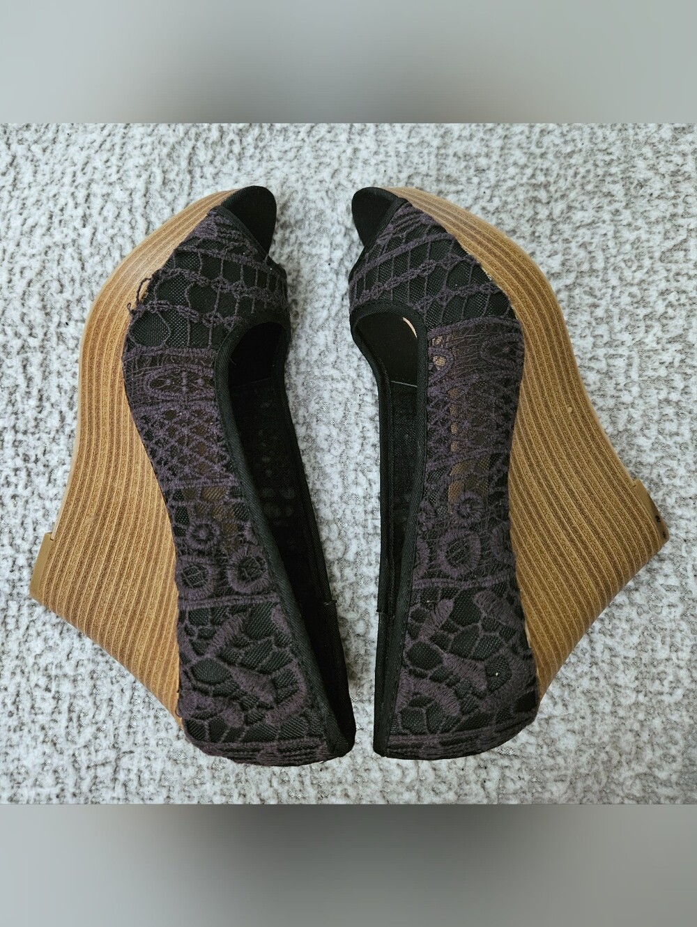 American Eagle Outfitters Black Lace and Tan Wedge Heels
